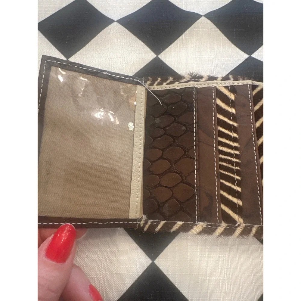 Zebra Print Calf Hair Bifold Wallet Brown Cream Animal Hide Card Case ID Window